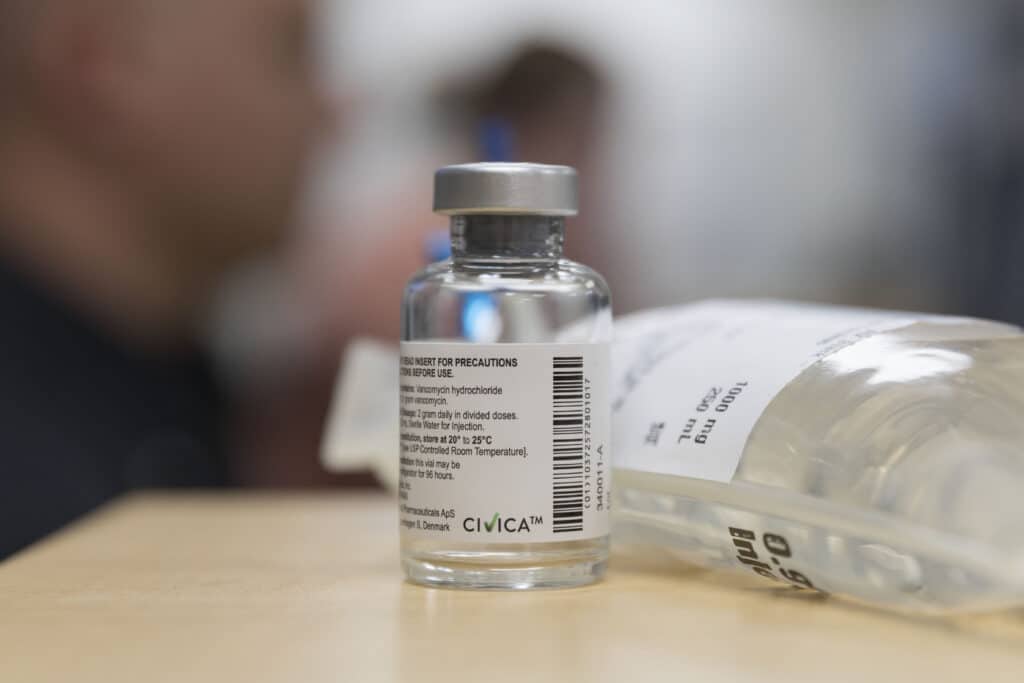 This 2019 photo provided by Civica Rx shows a vial of vancomycin in Lehi, Utah.