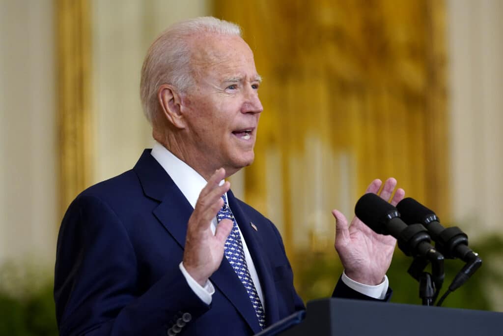 President Joe Biden speaks about the bipartisan infrastructure bill from the East Room