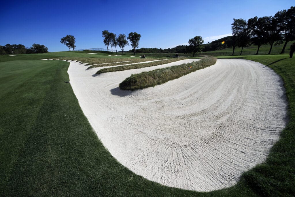 The Church Pews bunker on the fairway of the third hole at Oakmont Country Club in Oakmont, Pa
