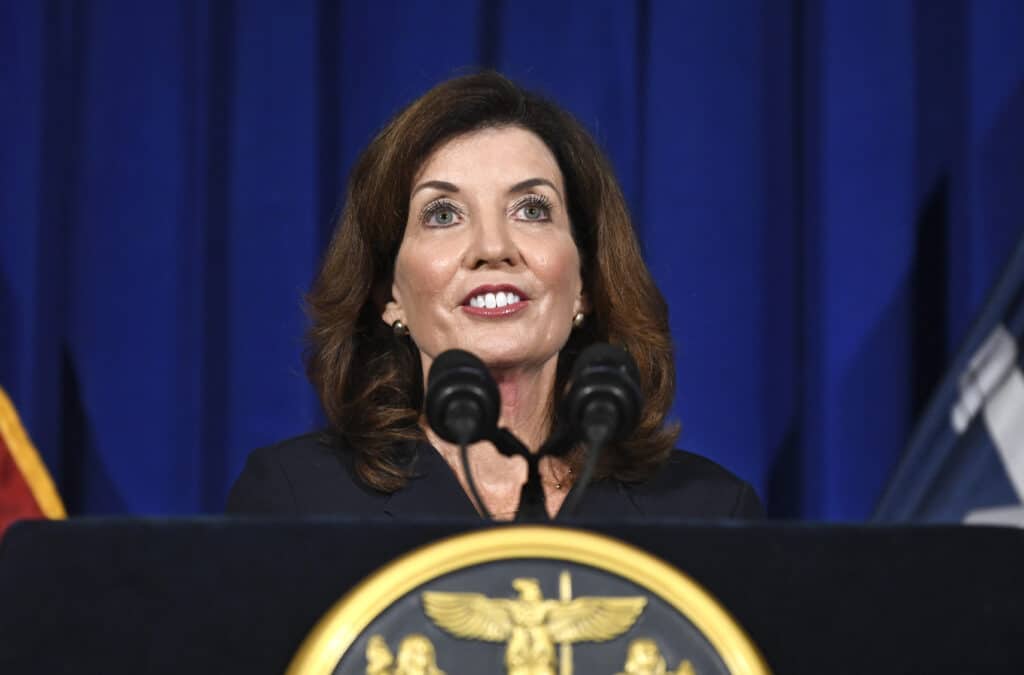 New York Lt. Gov. Kathy Hochul gives a news conference at the state Capitol,