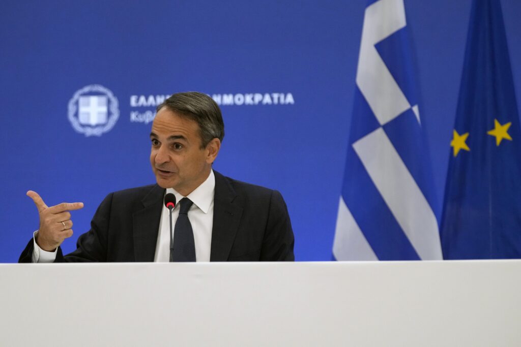 Greece's Prime Minister Kyriakos Mitsotakis speaks during a press conference in Athens,