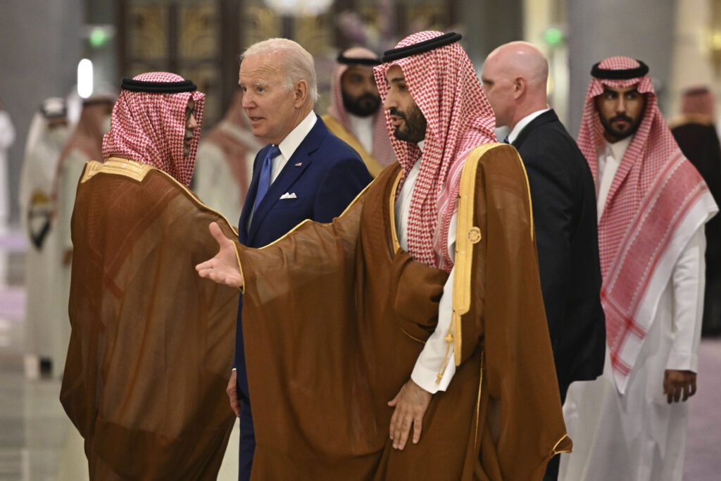 U.S. President Joe Biden, center left, and Saudi Crown Prince Mohammed bin Salman, center